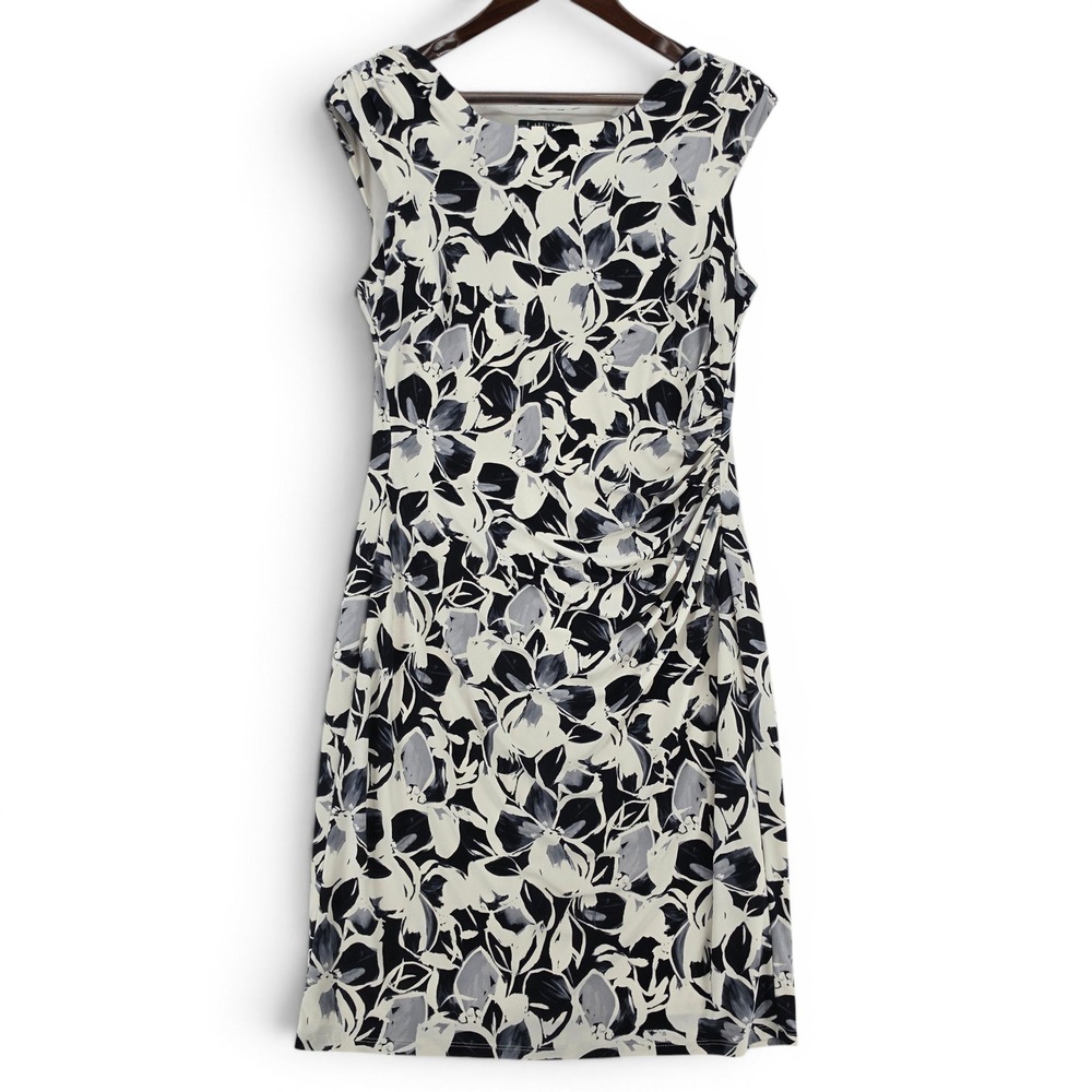 Lauren Ralph Lauren‎ Floral Sheath Dress Size 14 Ruched Stretch Career Cocktail